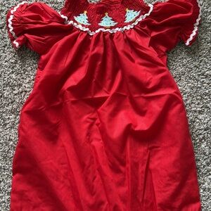 Red Smocked Dress with Christmas Tree Embroidery